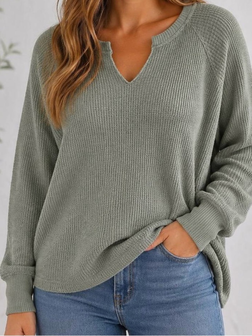 American Eagle Outfitters Sage Green V-Neck Waffle Knit Shirt